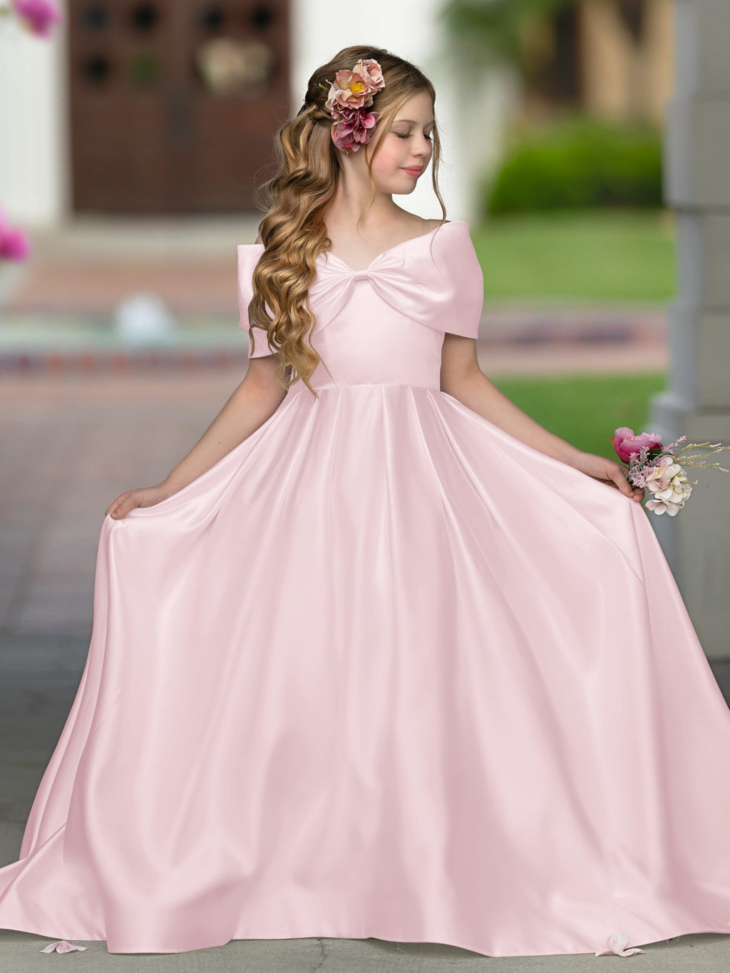 Ivory Satin Flower Girl Princess Ball Gown With Sweep Train And Bow Trim