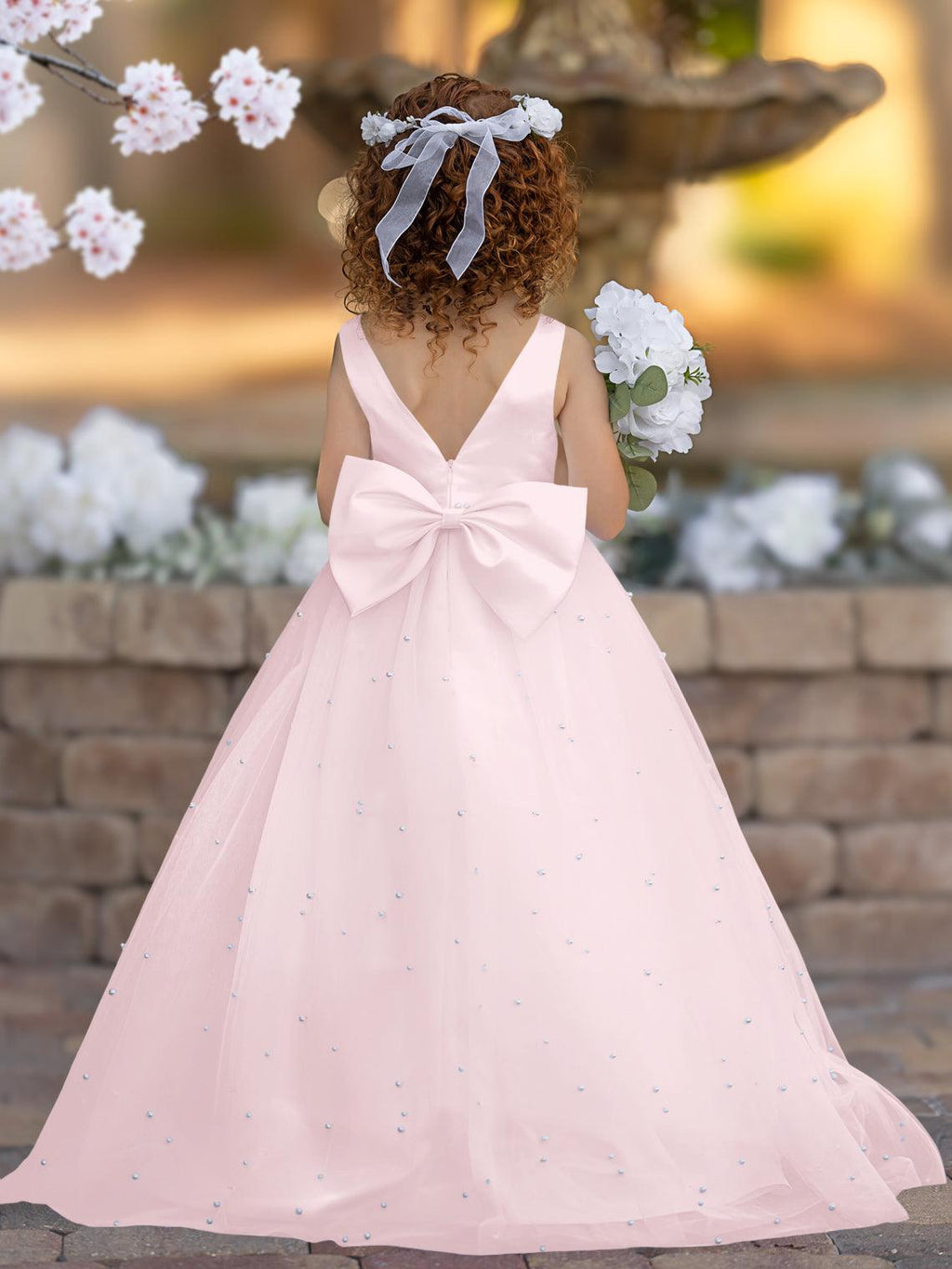 Floor Length V Neck Satin Tulle Princess Flower Girl Dress