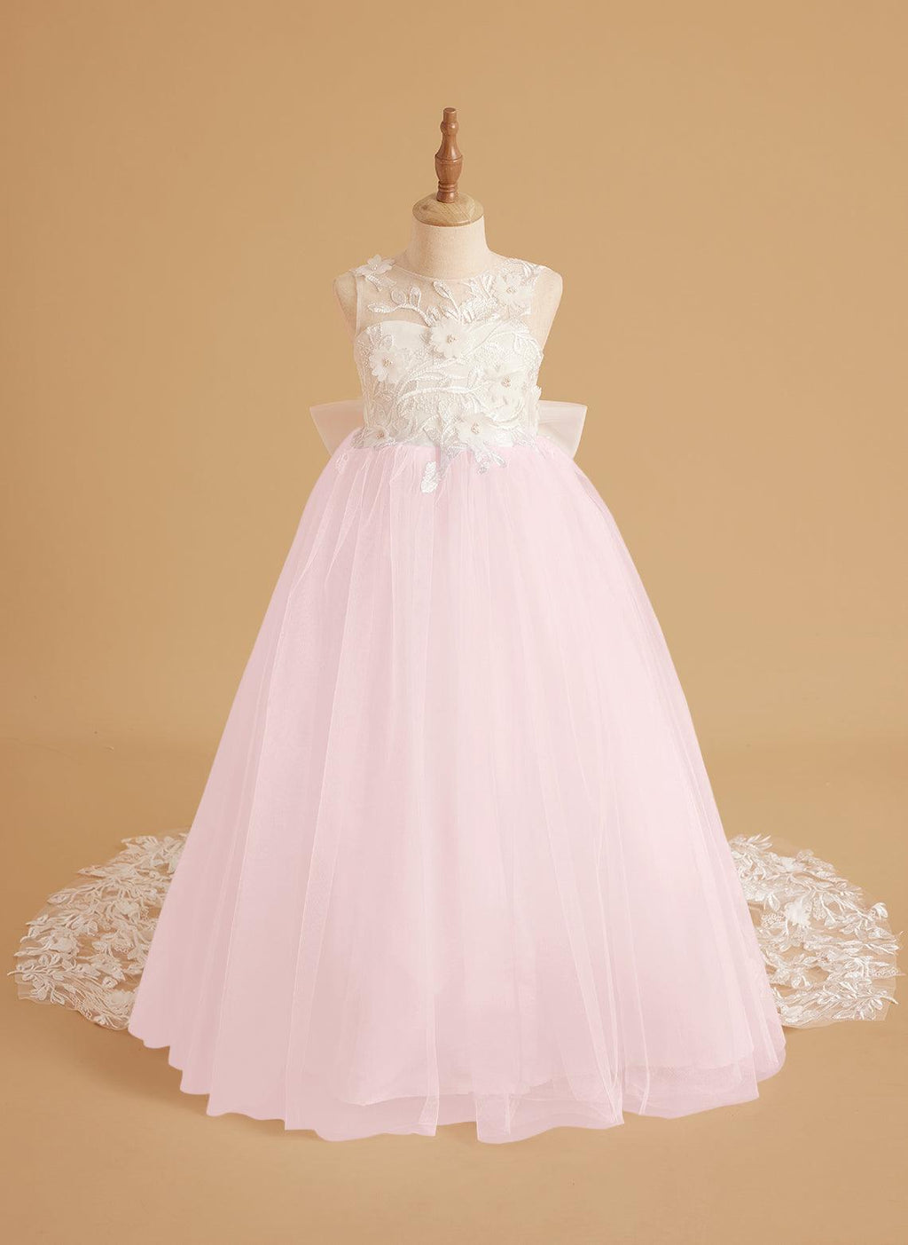 Sleeveless Princess Flower Girl Dress With Detachable Train And Beaded Lace