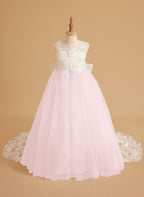 Sleeveless Princess Flower Girl Dress With Detachable Train And Beaded Lace