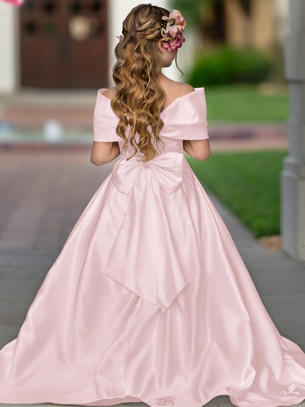 Ivory Satin Flower Girl Princess Ball Gown With Sweep Train And Bow Trim