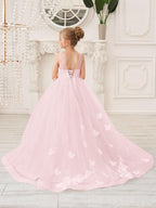 Elegant Sleeveless Tulle Flower Girl Dress With Applique Lace And Sweep Train