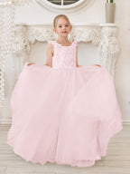 Elegant White Tulle Flower Girl Applique Lace Dress With Sweep Train