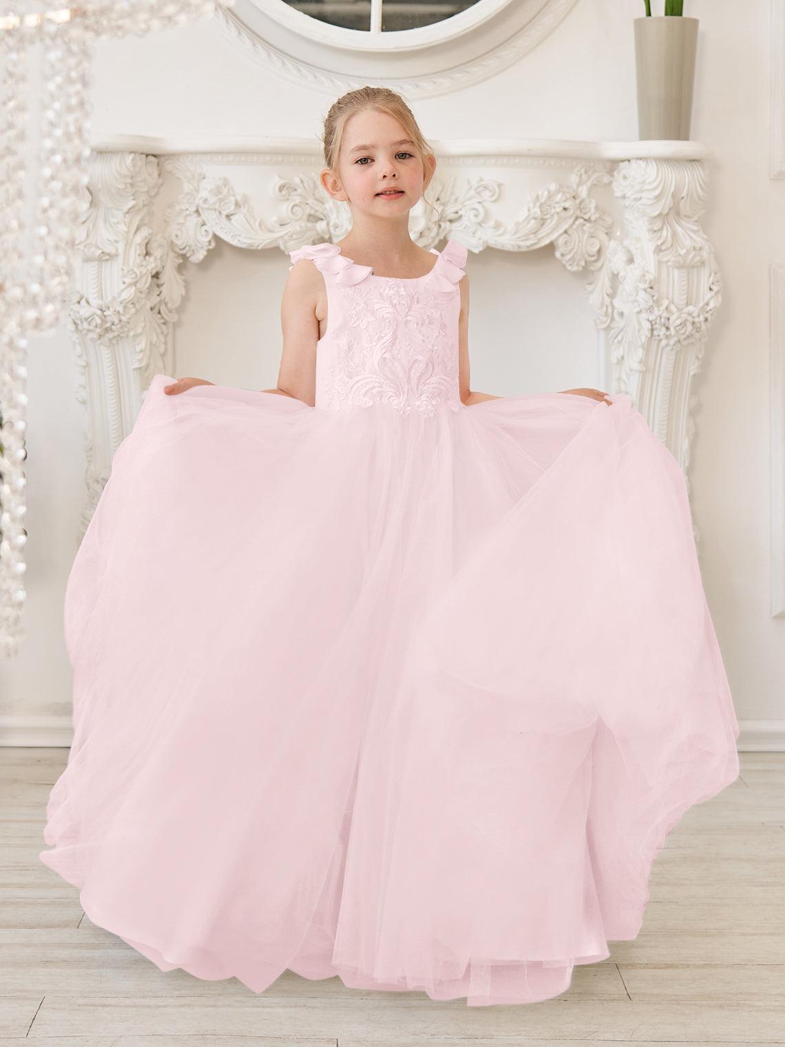 Elegant White Tulle Flower Girl Applique Lace Dress With Sweep Train