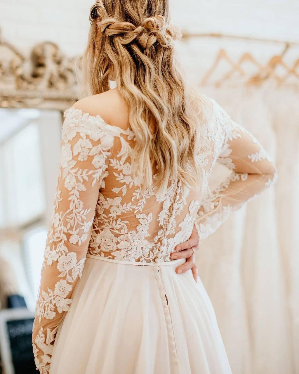 BMbrdal Off-the-Shoulder Long Sleeves Wedding Dress With Lace Appliques