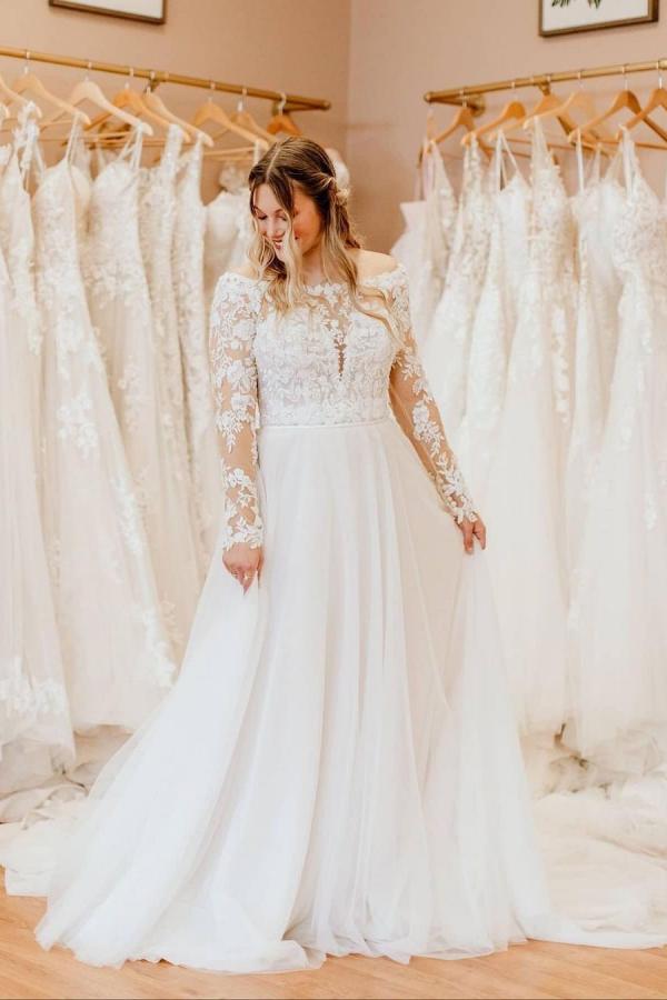 BMbrdal Off-the-Shoulder Long Sleeves Wedding Dress With Lace Appliques