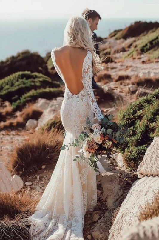 Bohemian Lace Wedding Dress With Long Sleeves Backless Boho Bridal Gown