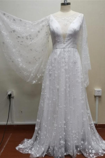 Robes de mariée bohémiennes à manches longues, dos nu, en ligne A avec dentelle