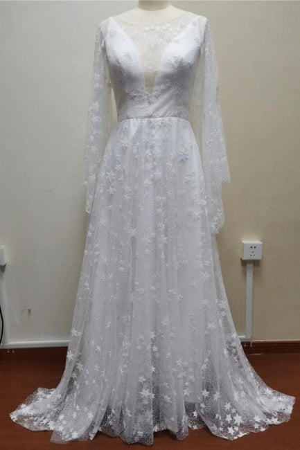 Robes de mariée bohémiennes à manches longues, dos nu, en ligne A avec dentelle
