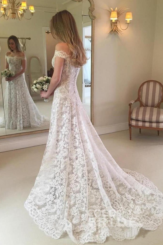 Robe de mariée bohème longue sirène en dentelle à épaules dénudées