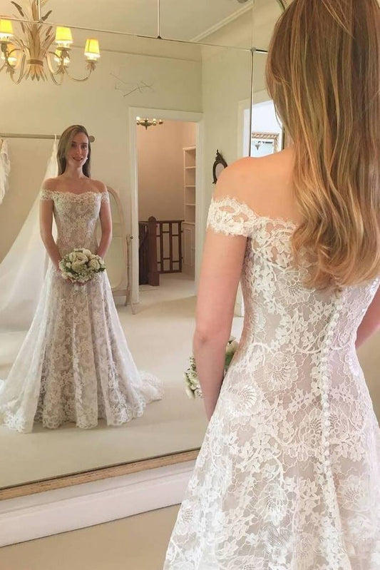Boho Langes Meerjungfrau-Brautkleid mit schulterfreiem Spitzenbesatz