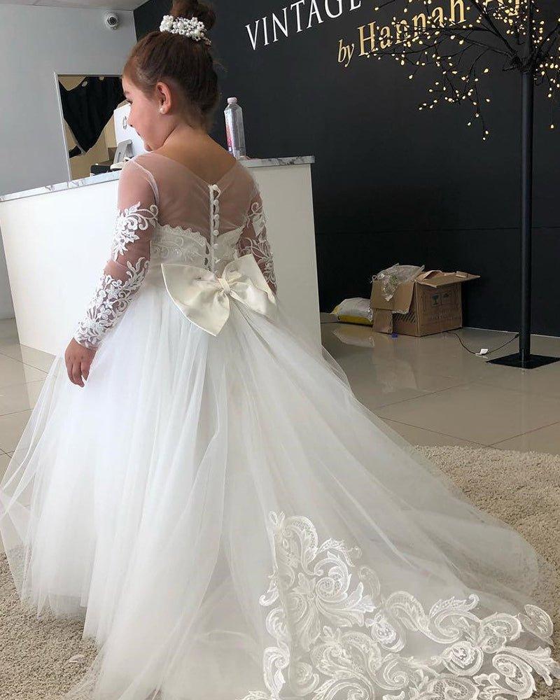 NumberSea - Boho Long Sleeves lace Tulle Flower Girl Dresses