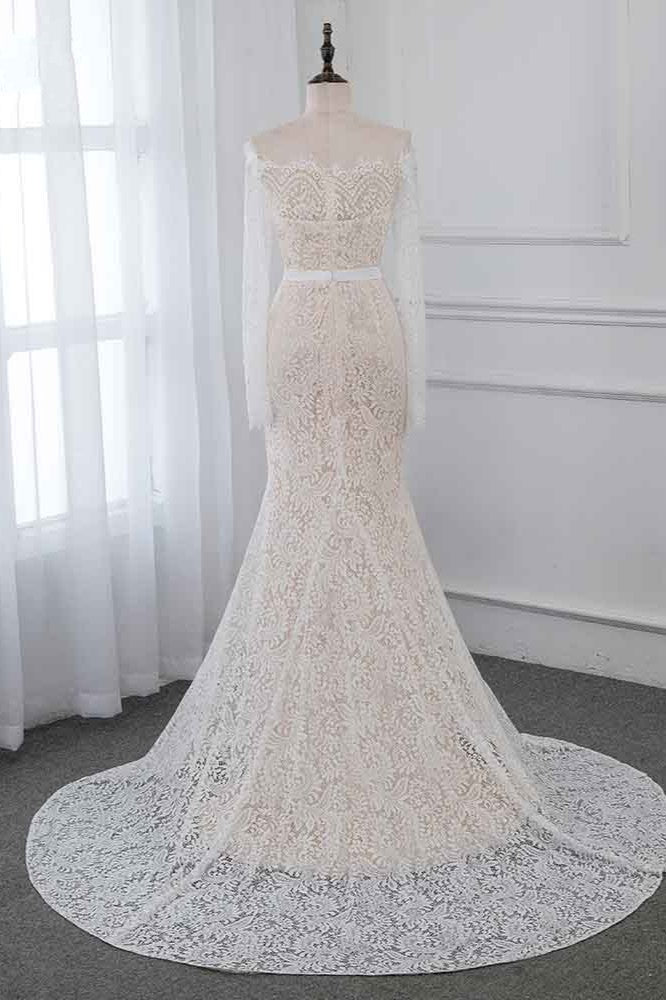 Boho Off The Shoulder Champagne Mermaid Wedding Dress Long Sleeves Appliques