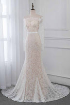 Boho Off The Shoulder Champagne Mermaid Wedding Dress Long Sleeves Appliques