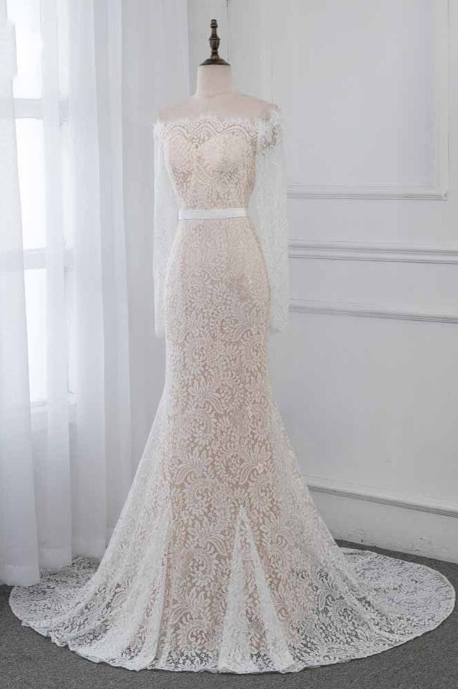 Boho Off The Shoulder Champagne Mermaid Wedding Dress Long Sleeves Appliques