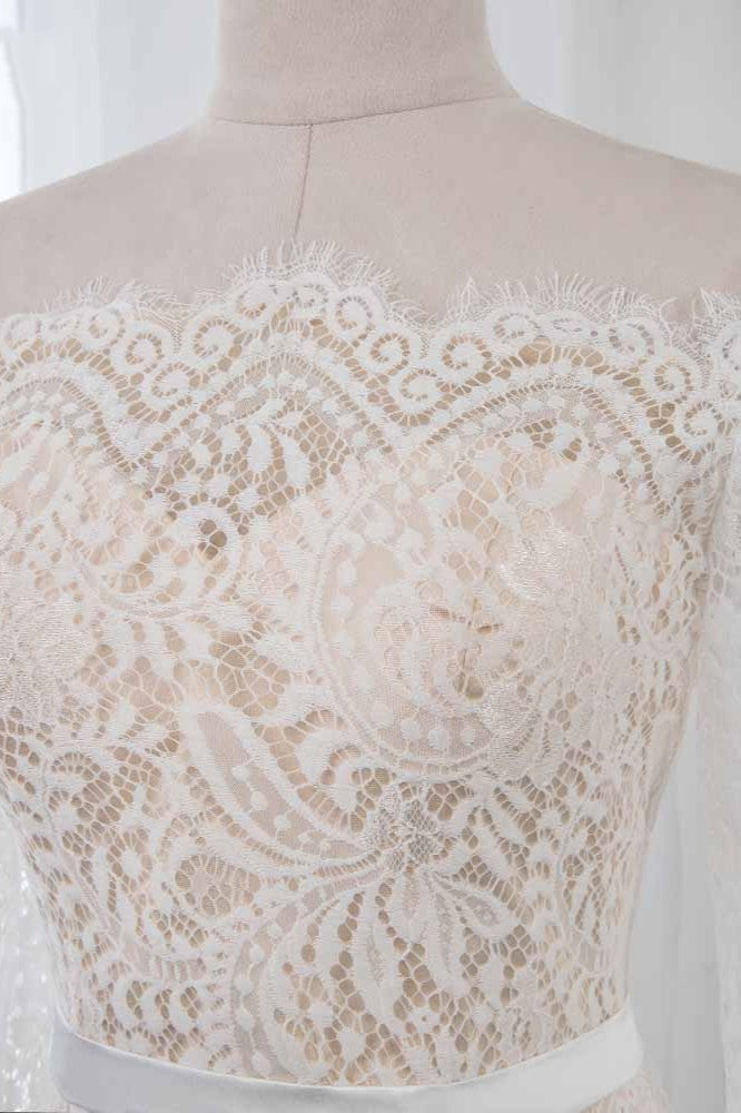 Boho Off The Shoulder Champagne Mermaid Wedding Dress Long Sleeves Appliques