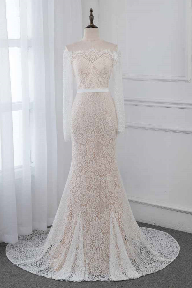 Boho Off The Shoulder Champagne Mermaid Wedding Dress Long Sleeves Appliques