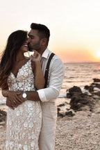 Abito da sposa sirena floreale boho senza maniche con schiena scoperta
