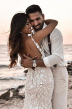 Abito da sposa sirena floreale boho senza maniche con schiena scoperta