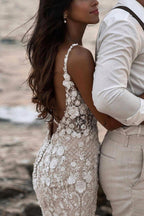 Abito da sposa sirena floreale boho senza maniche con schiena scoperta