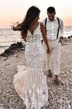 Abito da sposa sirena floreale boho senza maniche con schiena scoperta
