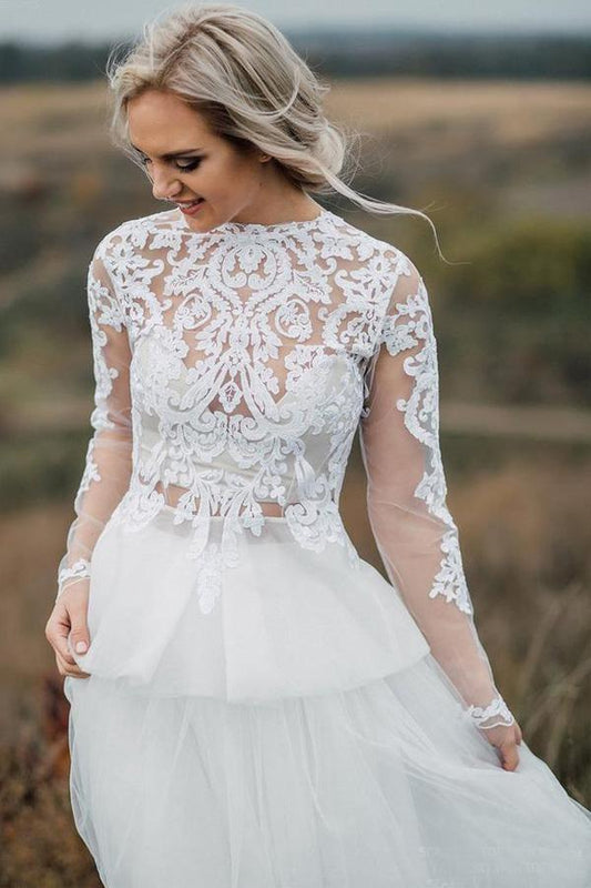 Boho Wedding Dress  V Back Bridal Lace Gown Separates Wedding Dress