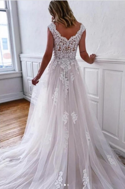 Vestidos de novia bohemios blancos de corte A sin mangas con encaje