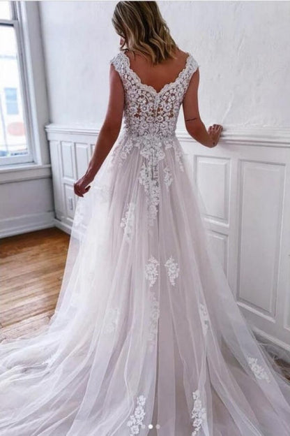 Vestidos de novia bohemios blancos de corte A sin mangas con encaje