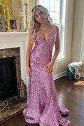 Branndi | Abito lungo da sera lilla a sirena con scollo a V e paillettes