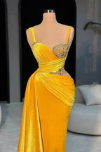 Bright Yellow Sweetheart Sleeveless Mermaid Prom Dress Rhinestones Panel Train