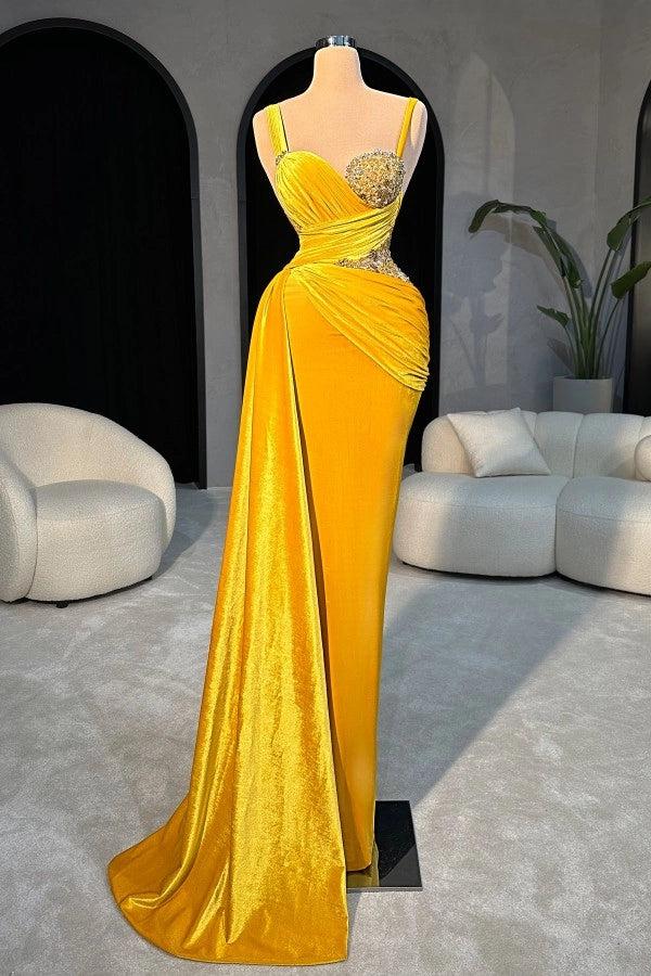 Bright Yellow Sweetheart Sleeveless Mermaid Prom Dress Rhinestones Panel Train