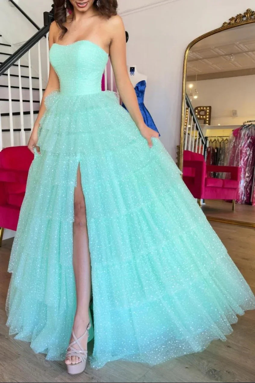 Brigitta | Abito lungo da sera azzurro acqua a balze in tulle a linea ad A con spacco