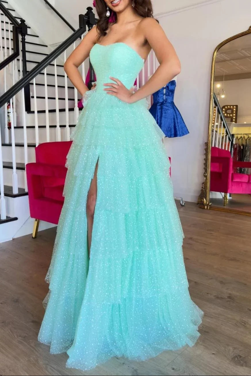 Brigitta | Abito lungo da sera azzurro acqua a balze in tulle a linea ad A con spacco