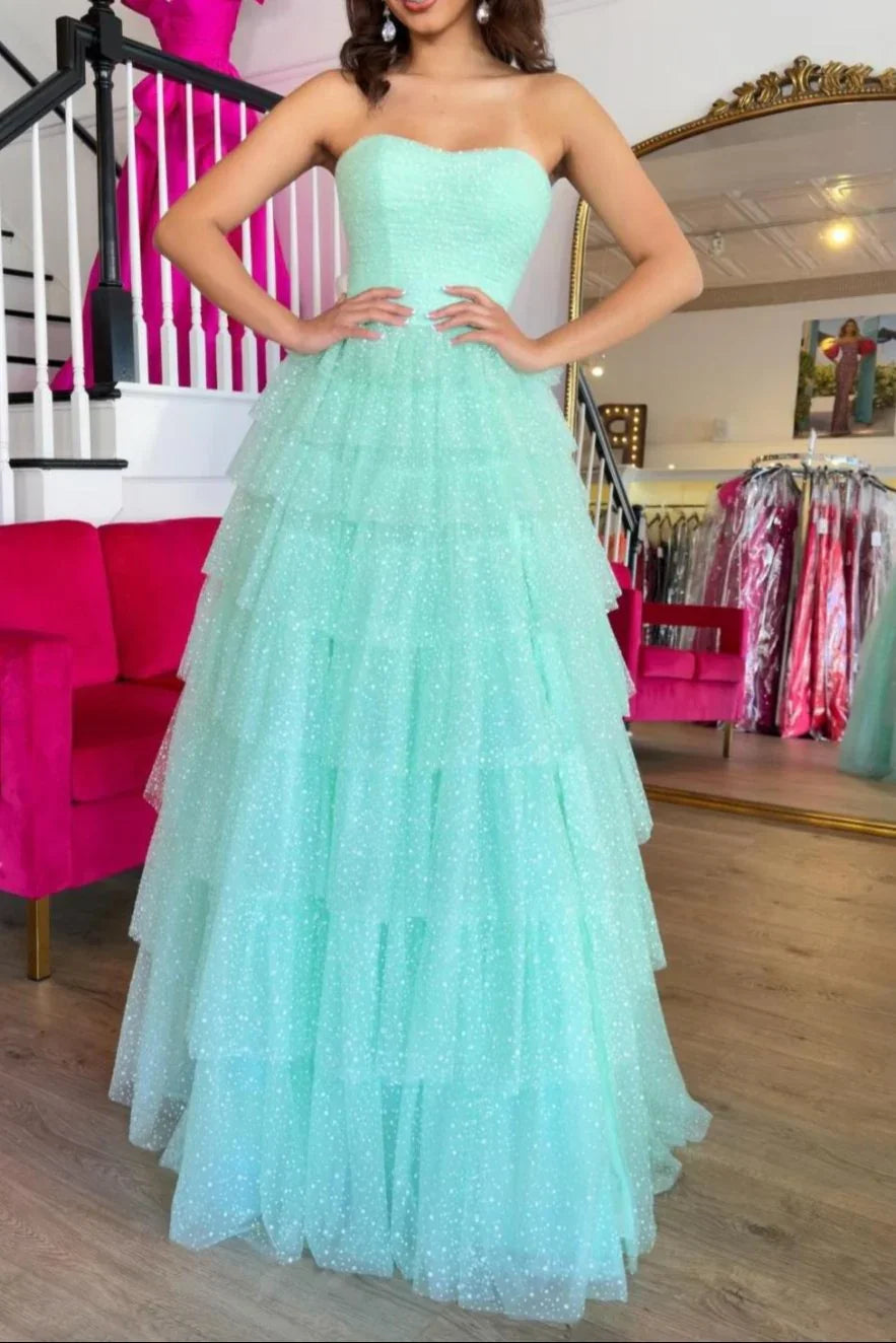 Brigitta | Abito lungo da sera azzurro acqua a balze in tulle a linea ad A con spacco