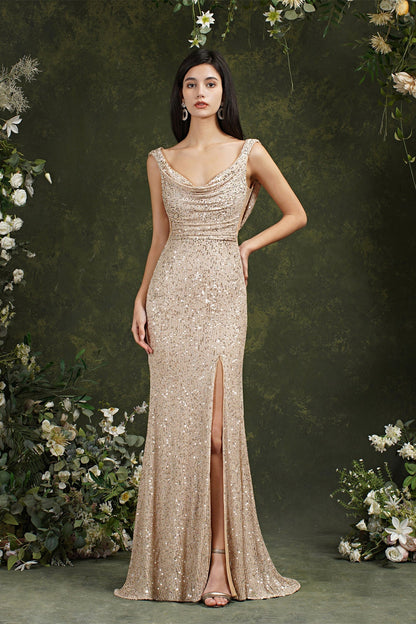 Brilhante decote redondo lantejoulas sem costas sereia dama de honra/vestido de baile com fenda lateral