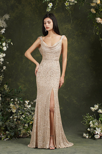 Brilhante decote redondo lantejoulas sem costas sereia dama de honra/vestido de baile com fenda lateral