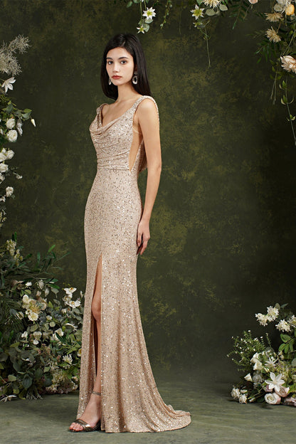 Brilhante decote redondo lantejoulas sem costas sereia dama de honra/vestido de baile com fenda lateral