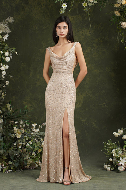 Brilhante decote redondo lantejoulas sem costas sereia dama de honra/vestido de baile com fenda lateral