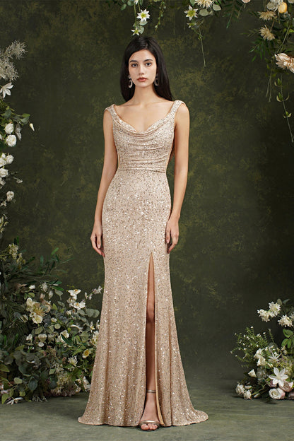 Brilhante decote redondo lantejoulas sem costas sereia dama de honra/vestido de baile com fenda lateral