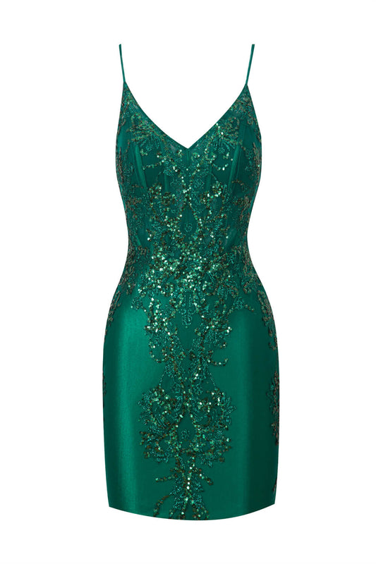 Vestido de fiesta de satén con escote en V corto y apliques