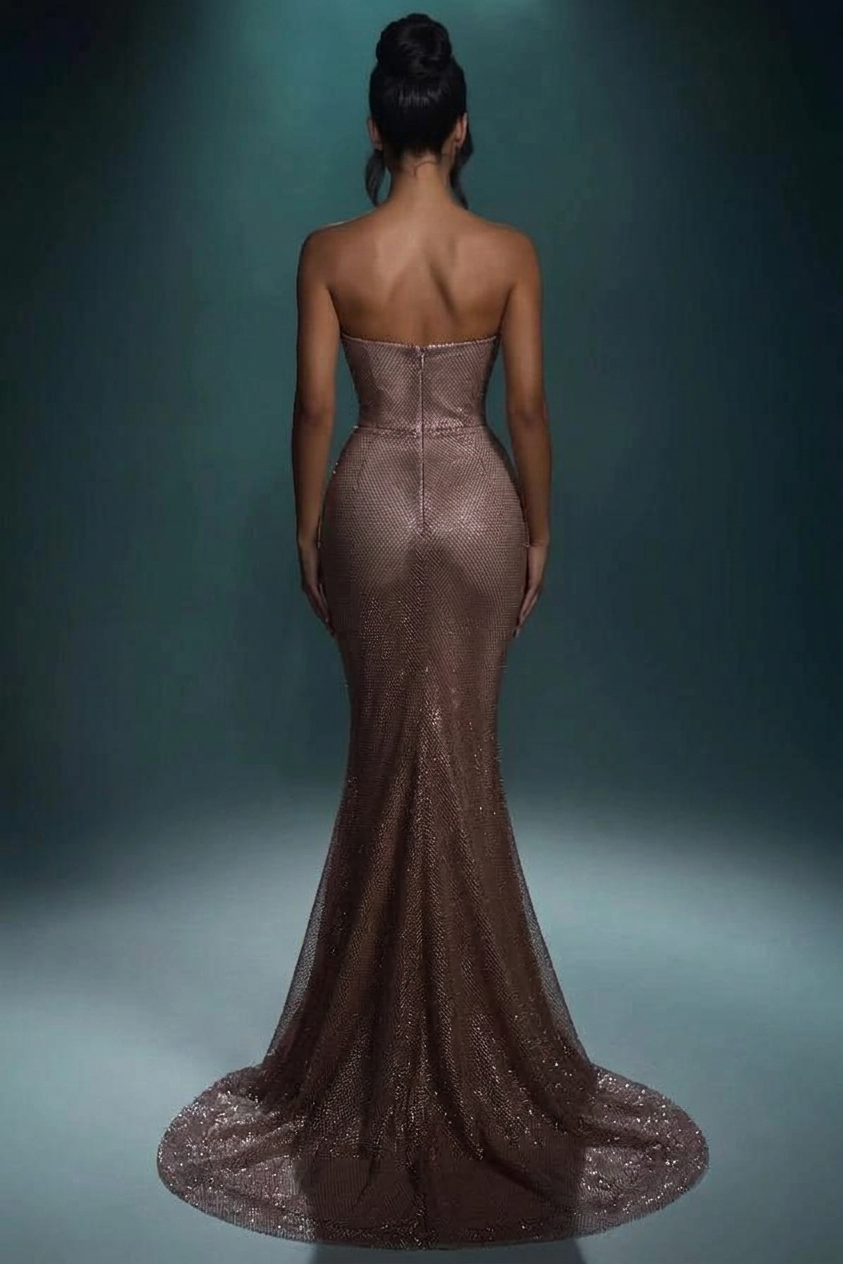 Luxury Brown Mermaid Evening Dress One Shoulder Crystal Sequin Gown