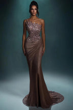 Luxury Brown Mermaid Evening Dress One Shoulder Crystal Sequin Gown