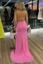 Bruce | Abito lungo formale rosa con spalline a collo e rosetta a sirena con spacco