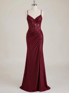 Elegant Mermaid Sequin Prom Dress With Spaghetti Straps And Slit