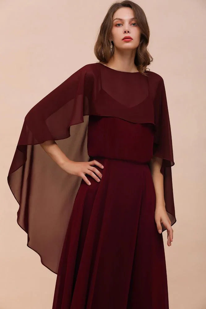 Burgunderrote Brautjungfernkleider mit Spaghettiträgern, Chiffon, bodenlang, Hochzeitsgastkleid mit Rückencape-Schals