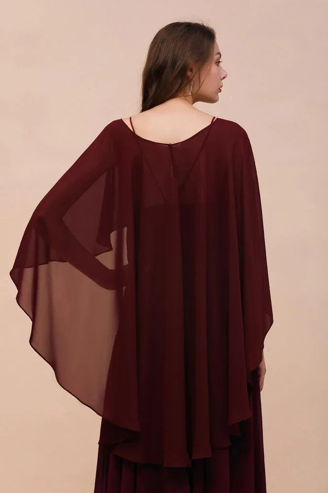 Burgunderrote Brautjungfernkleider mit Spaghettiträgern, Chiffon, bodenlang, Hochzeitsgastkleid mit Rückencape-Schals