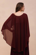 Burgunderrote Brautjungfernkleider mit Spaghettiträgern, Chiffon, bodenlang, Hochzeitsgastkleid mit Rückencape-Schals