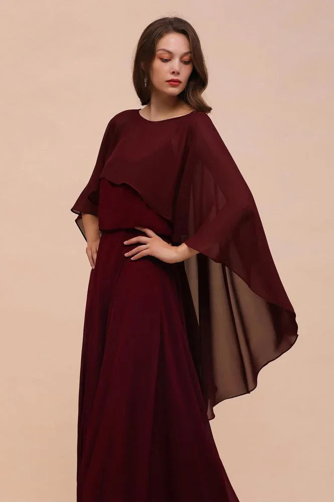 Burgunderrote Brautjungfernkleider mit Spaghettiträgern, Chiffon, bodenlang, Hochzeitsgastkleid mit Rückencape-Schals