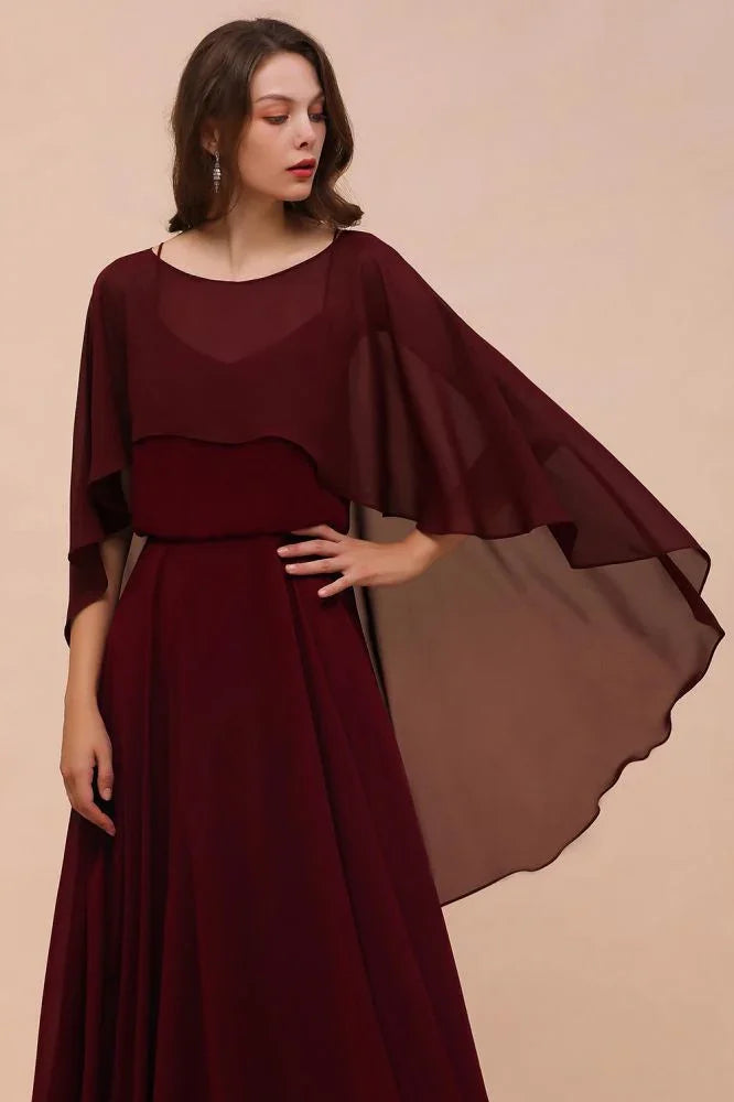 Burgunderrote Brautjungfernkleider mit Spaghettiträgern, Chiffon, bodenlang, Hochzeitsgastkleid mit Rückencape-Schals