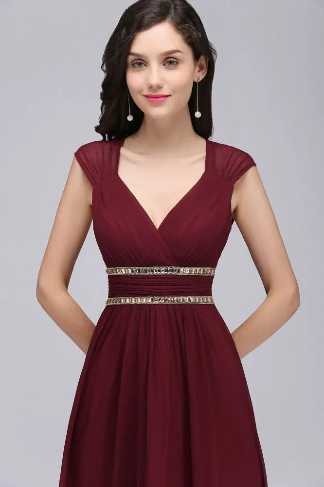 Abiti lunghi da sera color bordeaux in chiffon a tubino con scollo a V